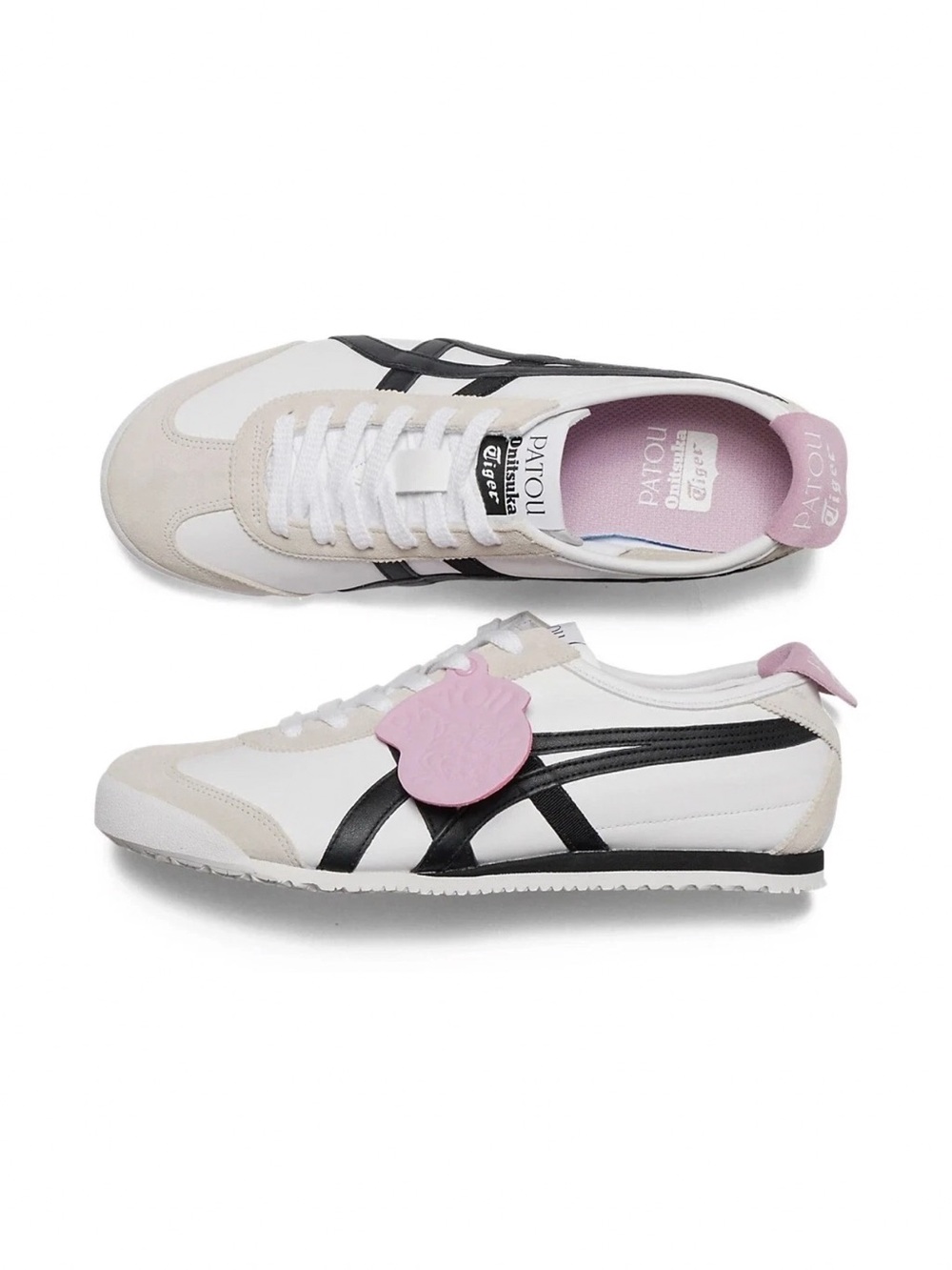 Onitsuka Tiger by Asics White & Black Low-Top Sneakers with Pink Accents.
